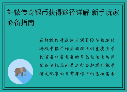 轩辕传奇银币获得途径详解 新手玩家必备指南
