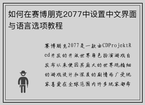如何在赛博朋克2077中设置中文界面与语言选项教程