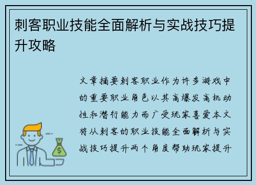 刺客职业技能全面解析与实战技巧提升攻略